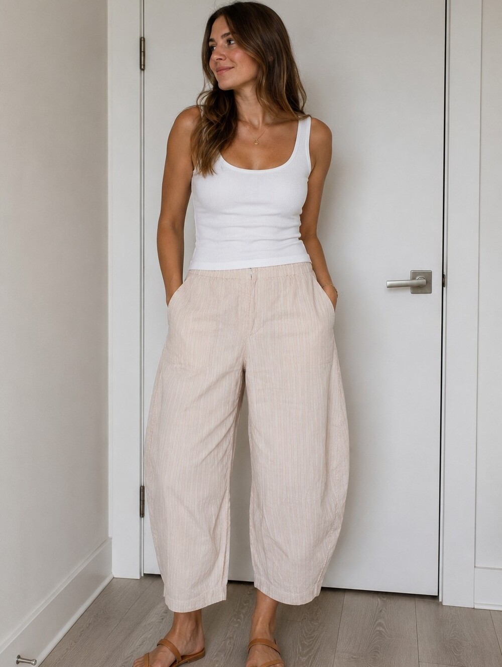 OSKA Cotton/Linen Barrel‑Leg Pants – Size 2 (M) Beige